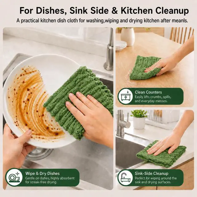 Alt view image 6 of 7 - kimteny Microfiber Dish Cloths for Washing Dishes 8 Pack, Dark Green | 12 x 12 Inch Absorbent Coral Velvet Dish Rags, Soft Non Scratch Kitchen Dish Cloths for Dishes, Sink and Counter