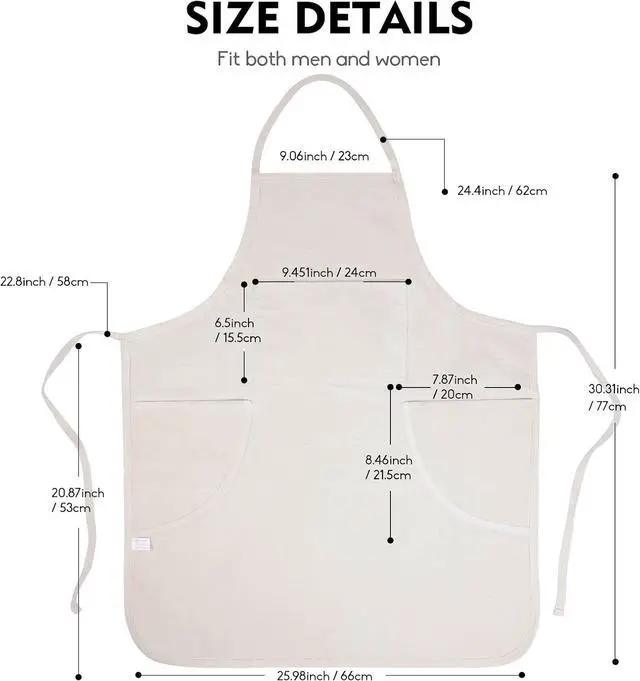 Alt view image 3 of 6 - conda 100% Cotton Canvas Professional Bib Apron With 3 Pockets for Women Men Adults,Waterproof,Natural 31inch By 27inch
