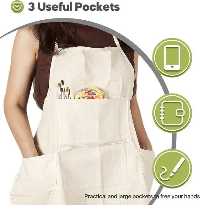 Alt view image 4 of 6 - conda 100% Cotton Canvas Professional Bib Apron With 3 Pockets for Women Men Adults,Waterproof,Natural 31inch By 27inch