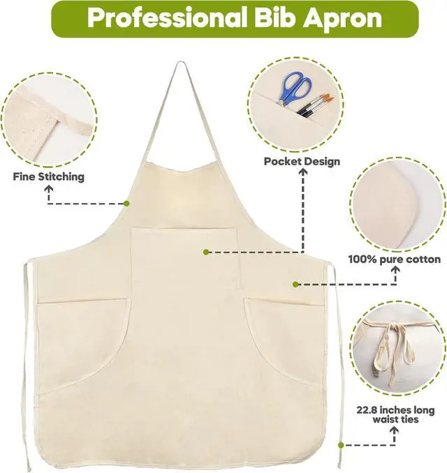 Alt view image 6 of 6 - conda 100% Cotton Canvas Professional Bib Apron With 3 Pockets for Women Men Adults,Waterproof,Natural 31inch By 27inch