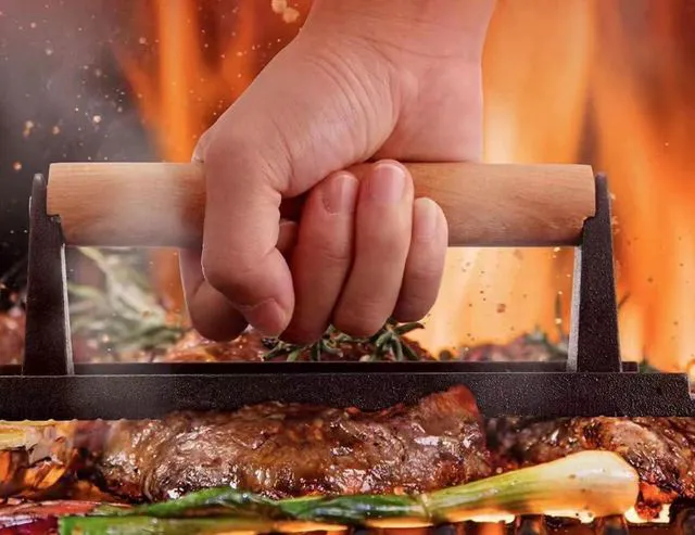 Alt view image 3 of 5 - Kitchen Tools Heavy Duty Cast Iron Smash Burger Press Round Barbecue Meat Flat Press with Anti Scalding Wooden Handle with Handle for Griddle, Sandwich, Nonstick Pan