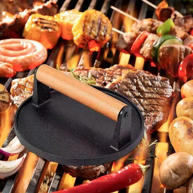 Alt view image 4 of 5 - Kitchen Tools Heavy Duty Cast Iron Smash Burger Press Round Barbecue Meat Flat Press with Anti Scalding Wooden Handle with Handle for Griddle, Sandwich, Nonstick Pan