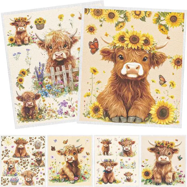Main image of Highland Cow Swedish Dishcloths 6 PCS Reusable Kitchen Towel | 6PCS Floral Highland Cow Swedish Dish Cloths Gift Set, Reusable Washable Absorbent Dish Towel 7.8x7 Inches, Home Cleaning