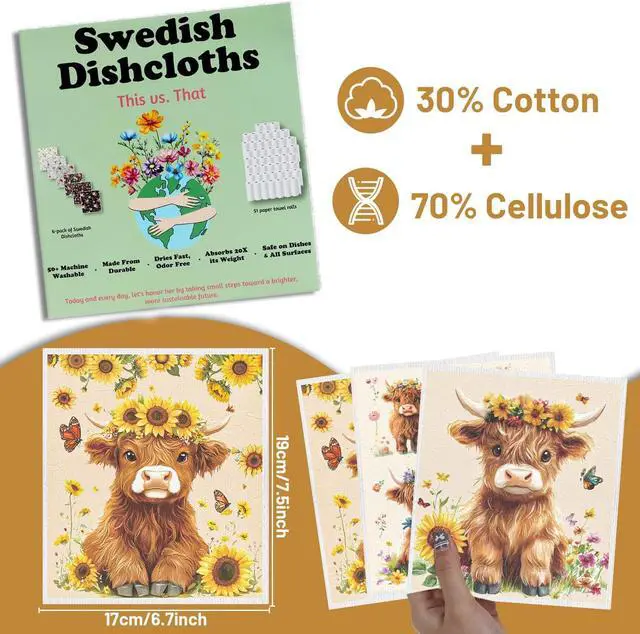 Alt view image 2 of 6 - Highland Cow Swedish Dishcloths 6 PCS Reusable Kitchen Towel | 6PCS Floral Highland Cow Swedish Dish Cloths Gift Set, Reusable Washable Absorbent Dish Towel 7.8x7 Inches, Home Cleaning