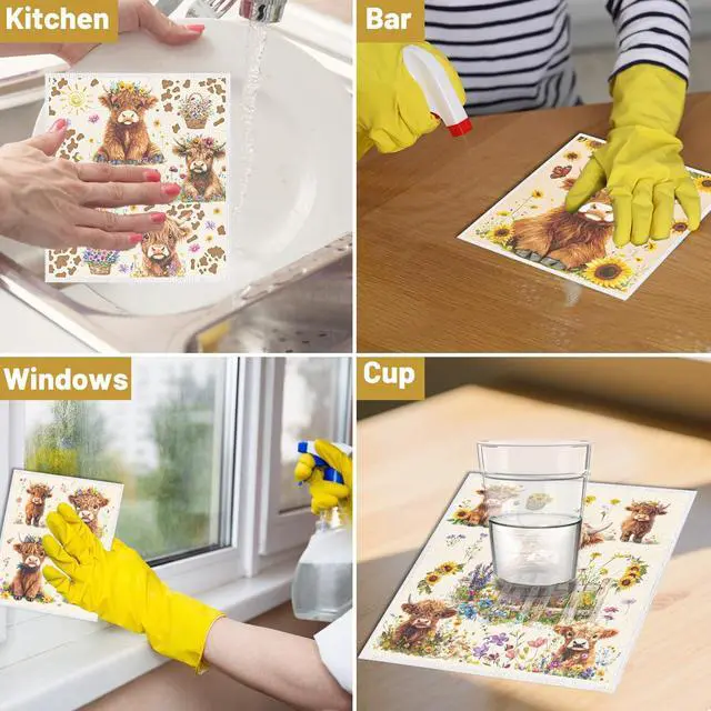 Alt view image 6 of 6 - Highland Cow Swedish Dishcloths 6 PCS Reusable Kitchen Towel | 6PCS Floral Highland Cow Swedish Dish Cloths Gift Set, Reusable Washable Absorbent Dish Towel 7.8x7 Inches, Home Cleaning