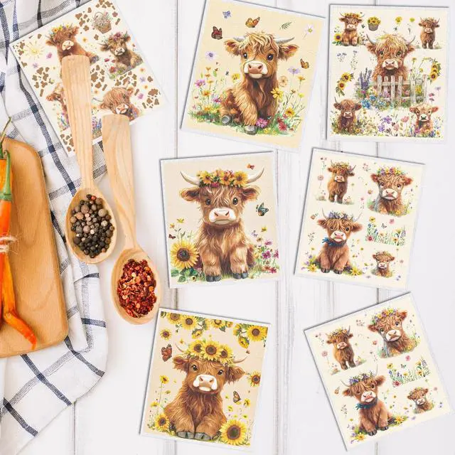 Alt view image 5 of 6 - Highland Cow Swedish Dishcloths 6 PCS Reusable Kitchen Towel | 6PCS Floral Highland Cow Swedish Dish Cloths Gift Set, Reusable Washable Absorbent Dish Towel 7.8x7 Inches, Home Cleaning