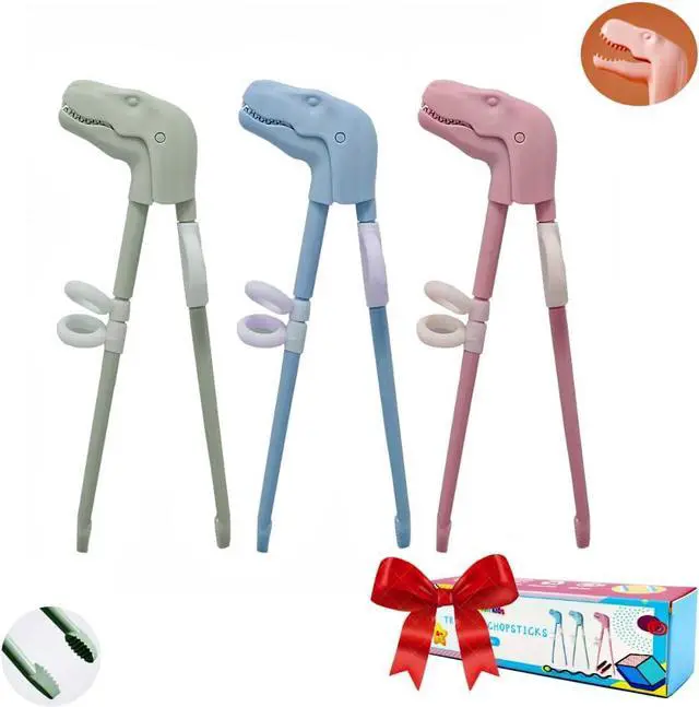 Main image of Training Chopsticks for Kids, Jawbush 3 Pairs Reusable Kids Chopsticks, Cute with Dinosaur Head, Non-slippery Indented Tips and Adjustable Finger Loops, Easy to Use and Clean, Dishwasher Safe
