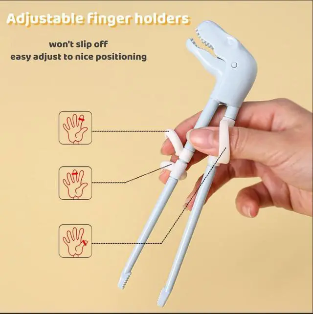 Alt view image 3 of 7 - Training Chopsticks for Kids, Jawbush 3 Pairs Reusable Kids Chopsticks, Cute with Dinosaur Head, Non-slippery Indented Tips and Adjustable Finger Loops, Easy to Use and Clean, Dishwasher Safe