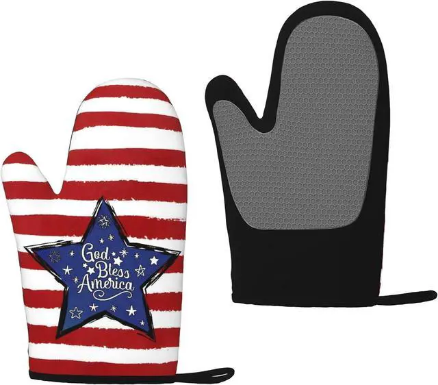 Main image of God Bless America Silicone Oven Mitts Set, 4th of July Stars Non-Slip Silicone Cheetah Oven Gloves, Independence Day 2 PC Heat Resistant Oven Mitts, Oven Gloves for Baking Cooking Kitchen Mitten