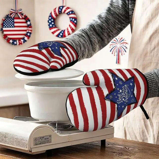 Alt view image 2 of 7 - God Bless America Silicone Oven Mitts Set, 4th of July Stars Non-Slip Silicone Cheetah Oven Gloves, Independence Day 2 PC Heat Resistant Oven Mitts, Oven Gloves for Baking Cooking Kitchen Mitten