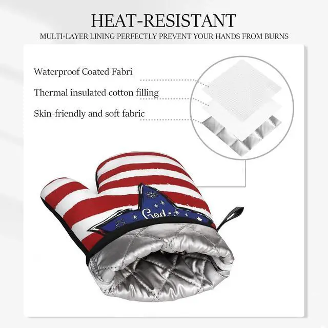 Alt view image 3 of 7 - God Bless America Silicone Oven Mitts Set, 4th of July Stars Non-Slip Silicone Cheetah Oven Gloves, Independence Day 2 PC Heat Resistant Oven Mitts, Oven Gloves for Baking Cooking Kitchen Mitten