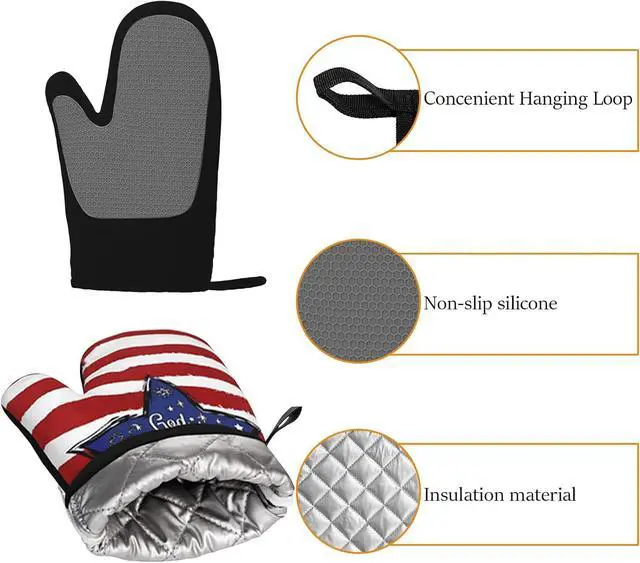 Alt view image 5 of 7 - God Bless America Silicone Oven Mitts Set, 4th of July Stars Non-Slip Silicone Cheetah Oven Gloves, Independence Day 2 PC Heat Resistant Oven Mitts, Oven Gloves for Baking Cooking Kitchen Mitten
