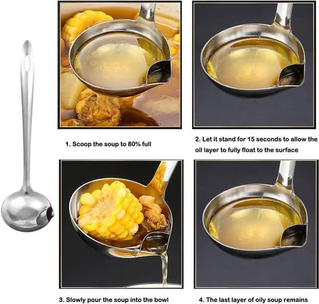Alt view image 3 of 7 - 3 Pack Soup Ladle Fat Separator Stainless Steel Ladle with Pour Spout Oil Separator Soup Spoon Grease Strainer Serving Spoon Gravy Pouring Ladles for Soups Stocks Sauces Broth Drippings