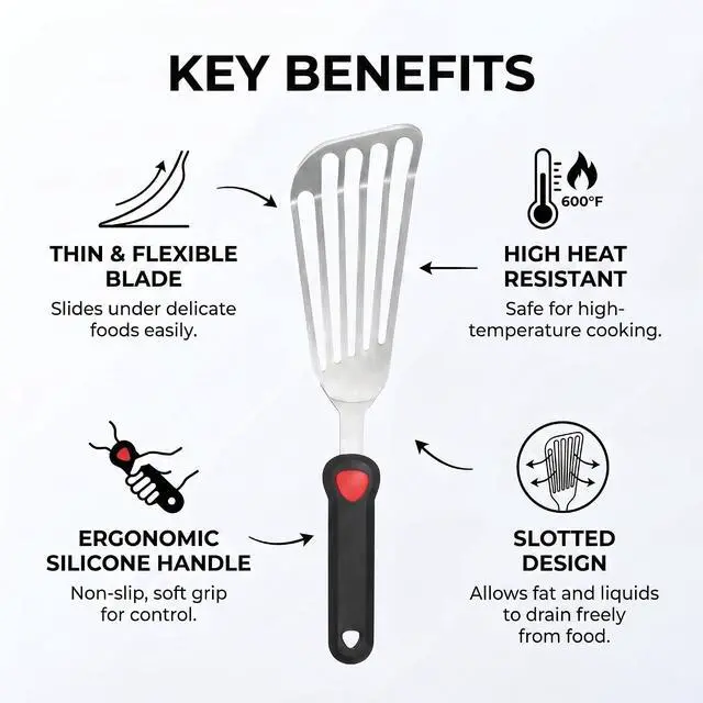 Alt view image 4 of 6 - KSENDALO Thin Flexible & Sturdy Fish Spatula Stainless Steel for Kitchen Cooking Use Fish Spatula Egg Flipper Bbq Flipper Stainless Steel Blade Silicone Handle Heat Resistant Dishwasher Safe-Silver