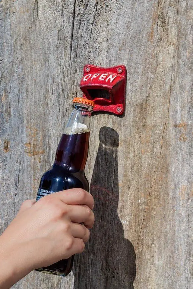 Alt view image 2 of 2 - Abbott Collection Square Open Wall Bottle Opener | Wall-Mounted Bottle Opener, Cast Iron, Mounting Screws Included, Antique Red, 2.5"SQ