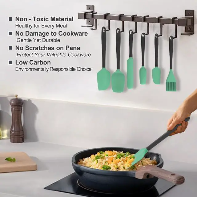 Alt view image 4 of 5 - Silicone Spatula Set, 6 Pieces Food Grade Kitchen Utensils with Silicone Brush Heat Resistant Dishwasher Safe BPA-free Rubber Spatula for Scraping, Baking, Cooking, Mixing (Aqua Green)