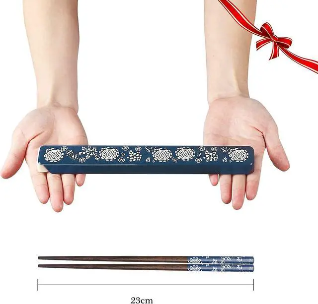 Alt view image 7 of 7 - Chopsticks Reusable Japanese Natural Wood Chopsticks 1 Pair with Case, Portable and Dishwasher Safe (Blue)