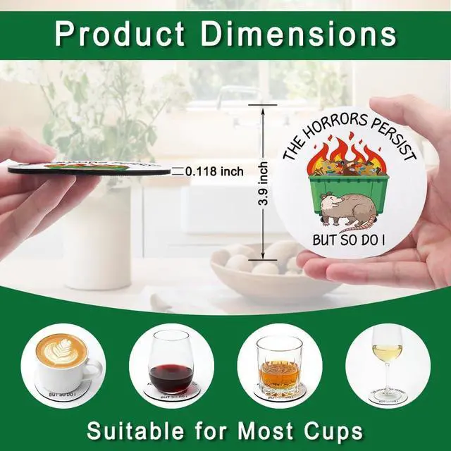 Alt view image 2 of 6 - The Horrors Persist But So Do I Drink Cup Holder Coaster Set of 2, Funny Opossum Coffee Cup Mats for Office Desk Decor, Possum Gifts, Sarcastic Work Gag Gifts for Women Men Coworkers Employees