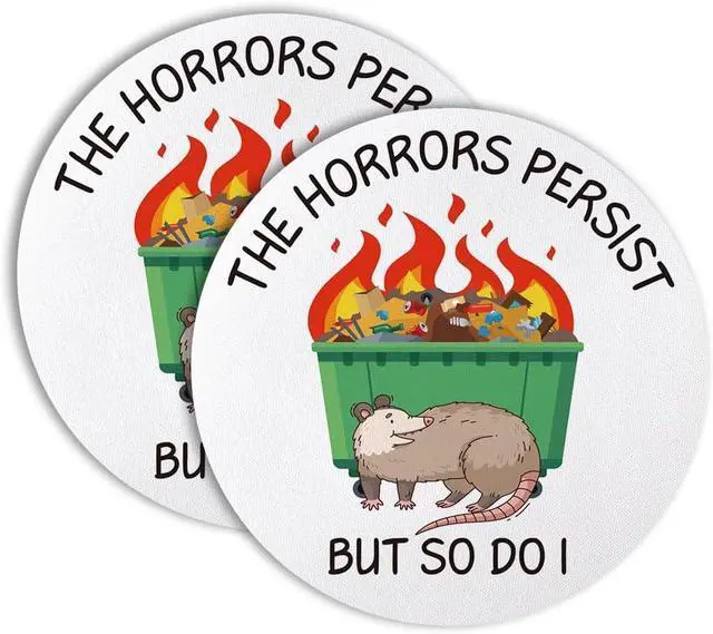 Main image of The Horrors Persist But So Do I Drink Cup Holder Coaster Set of 2, Funny Opossum Coffee Cup Mats for Office Desk Decor, Possum Gifts, Sarcastic Work Gag Gifts for Women Men Coworkers Employees