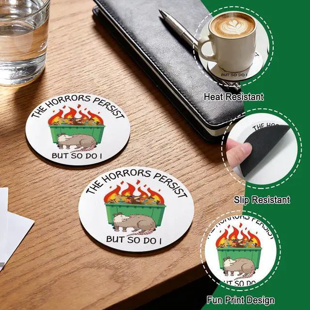 Alt view image 3 of 6 - The Horrors Persist But So Do I Drink Cup Holder Coaster Set of 2, Funny Opossum Coffee Cup Mats for Office Desk Decor, Possum Gifts, Sarcastic Work Gag Gifts for Women Men Coworkers Employees