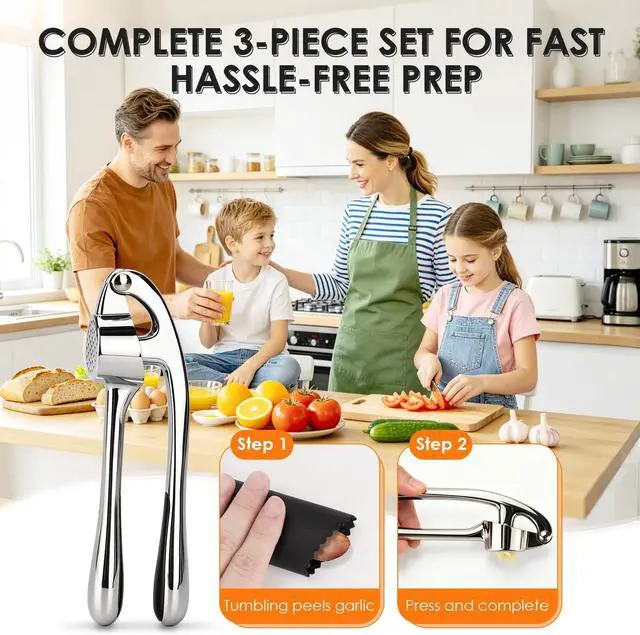 Alt view image 5 of 7 - TACGEA Kitchen Garlic Press Set, Rust Proof Garlic Mincer Tool with Silicone Garlic Peeler and Brush