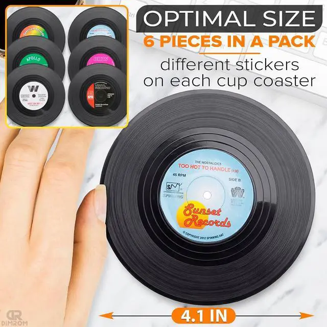 Alt view image 2 of 7 - 6Pcs Vinyl Coasters for Drinks, 4.1" Size, Durable & Heat-Resistant | Mini Record Coasters for Drinks to Protect Desk & Bar; Fun Gift for Music & Vinyl Fans, Suitable for Office 80s Home Decor