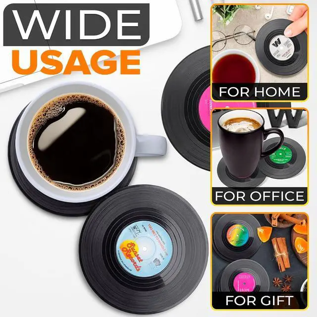 Alt view image 4 of 7 - 6Pcs Vinyl Coasters for Drinks, 4.1" Size, Durable & Heat-Resistant | Mini Record Coasters for Drinks to Protect Desk & Bar; Fun Gift for Music & Vinyl Fans, Suitable for Office 80s Home Decor