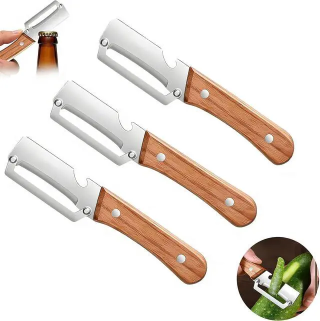 Main image of (3 PCS) 2 in 1 Multi Functional Vegetable Peeler with Wooden Handle and Bottle Opener, Stainless Steel Blade Kitchen Tool for Fruit Apple Potato Pumpkin Papaya