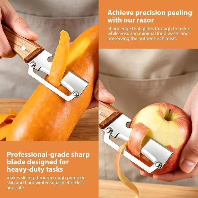 Alt view image 3 of 7 - (3 PCS) 2 in 1 Multi Functional Vegetable Peeler with Wooden Handle and Bottle Opener, Stainless Steel Blade Kitchen Tool for Fruit Apple Potato Pumpkin Papaya