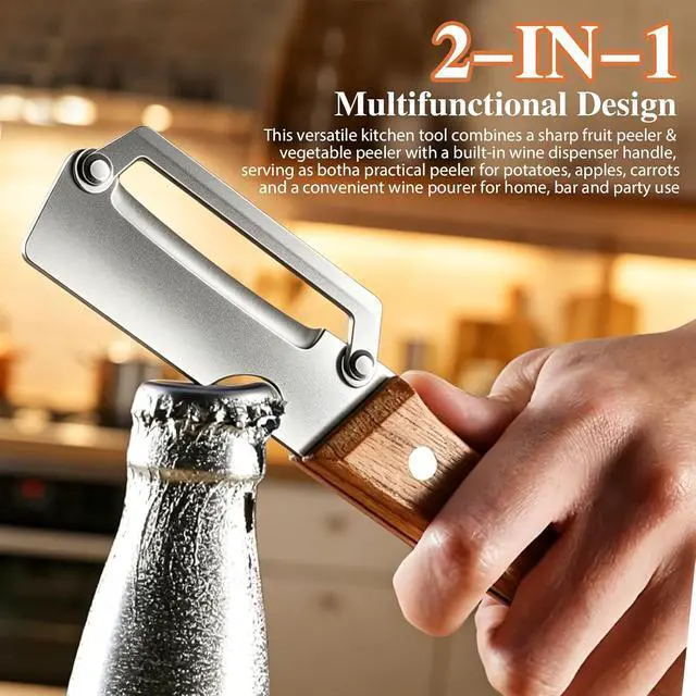 Alt view image 4 of 7 - (3 PCS) 2 in 1 Multi Functional Vegetable Peeler with Wooden Handle and Bottle Opener, Stainless Steel Blade Kitchen Tool for Fruit Apple Potato Pumpkin Papaya