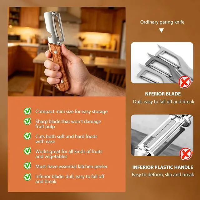 Alt view image 7 of 7 - (3 PCS) 2 in 1 Multi Functional Vegetable Peeler with Wooden Handle and Bottle Opener, Stainless Steel Blade Kitchen Tool for Fruit Apple Potato Pumpkin Papaya