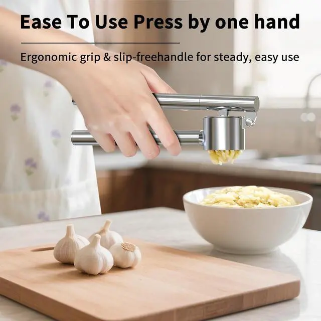 Alt view image 5 of 7 - 5-in-1 Stainless Steel Garlic Press Set with Large Chamber & Mincer - Heavy Duty Rustproof Garlic Crusher with Ergonomic Handle, Dishwasher Safe, Easy Squeeze Design for Ginger, Nuts, Herbs (Large)