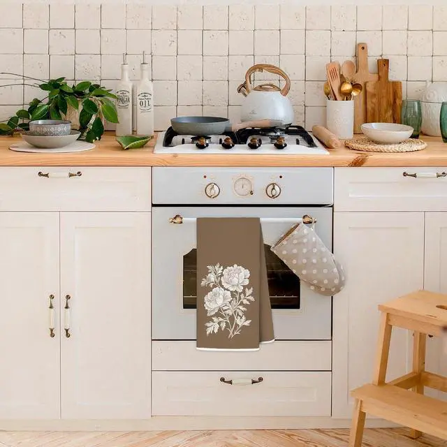 Alt view image 2 of 7 - Vintage Peony Floral Kitchen Towels 16x24 Inch, Farmhouse Botanical Flower Decorative Hand Towels for Bathroom, Neutral Brown Dish Tea Towel Drying Cloth