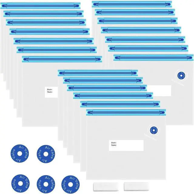 Main image of Sous Vide Bags 27Pcs, BPA Free Reusable, Double-Layered Food Storage (8.5 x 8.5 in) for Cooking, Food Storage, and Microwave Heating. Includes 20 Vacuum Zipper Bags, 2 Seal Clips, and 5 Air Valves.