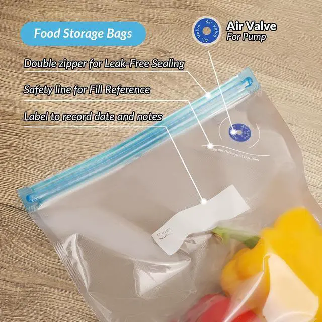 Alt view image 3 of 7 - Sous Vide Bags 27Pcs, BPA Free Reusable, Double-Layered Food Storage (8.5 x 8.5 in) for Cooking, Food Storage, and Microwave Heating. Includes 20 Vacuum Zipper Bags, 2 Seal Clips, and 5 Air Valves.
