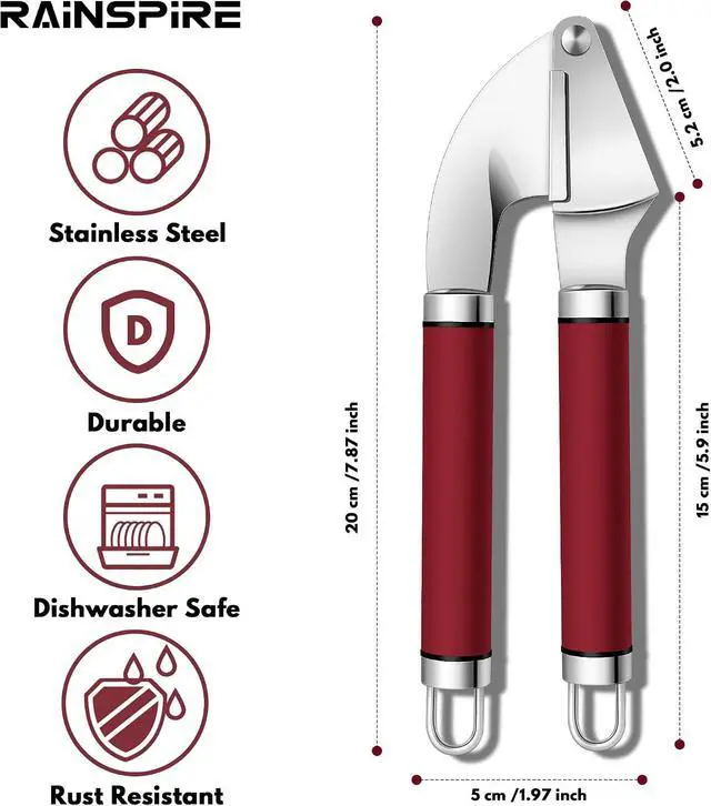 Alt view image 2 of 7 - Rainspire Premium Garlic Press Stainless Steel, Garlic Mincer Tool, Garlic Crusher Tool, Garlic Smasher Garlic Masher Includes Silicone Garlic Peeler & Cleaning Brush, Dishwasher Safe (Red)