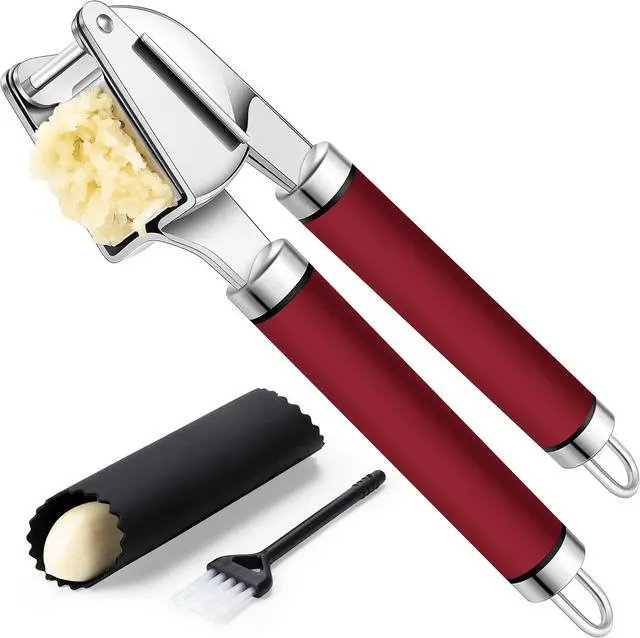 Main image of Rainspire Premium Garlic Press Stainless Steel, Garlic Mincer Tool, Garlic Crusher Tool, Garlic Smasher Garlic Masher Includes Silicone Garlic Peeler & Cleaning Brush, Dishwasher Safe (Red)