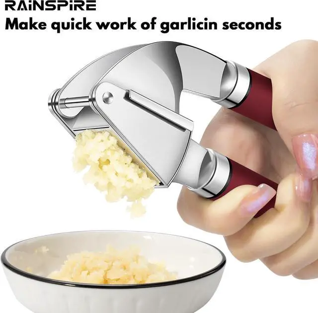 Alt view image 3 of 7 - Rainspire Premium Garlic Press Stainless Steel, Garlic Mincer Tool, Garlic Crusher Tool, Garlic Smasher Garlic Masher Includes Silicone Garlic Peeler & Cleaning Brush, Dishwasher Safe (Red)