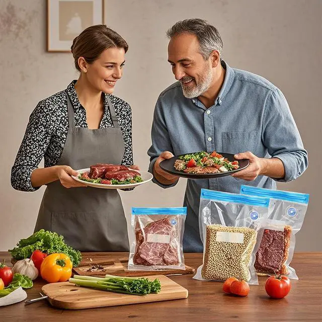 Alt view image 6 of 7 - Sous Vide Bags 27Pcs, BPA Free Reusable, Double-Layered Food Storage (8.5 x 8.5 in) for Cooking, Food Storage, and Microwave Heating. Includes 20 Vacuum Zipper Bags, 2 Seal Clips, and 5 Air Valves.
