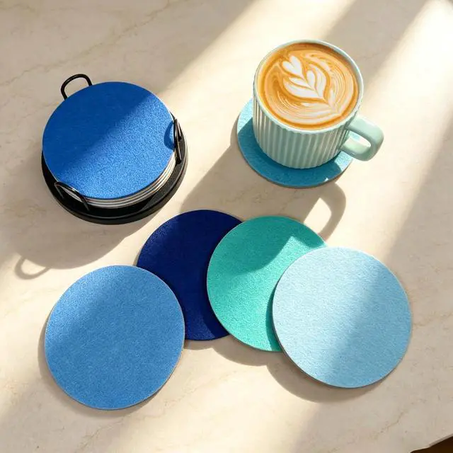 Alt view image 3 of 6 - Ocean Felt Coasters Set of 6, Round Absorbent Drink Coasters, Non-Slip Cork Backing, Removable Holder