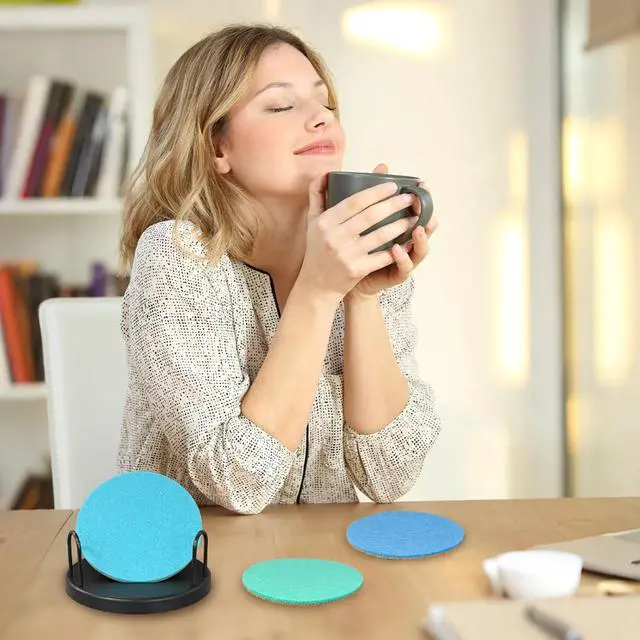Alt view image 2 of 6 - Ocean Felt Coasters Set of 6, Round Absorbent Drink Coasters, Non-Slip Cork Backing, Removable Holder