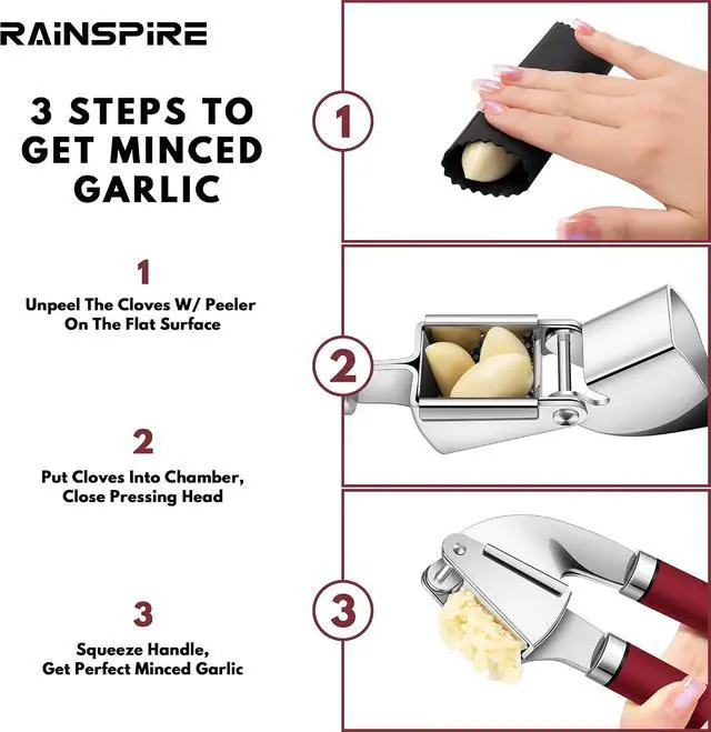 Alt view image 5 of 7 - Rainspire Premium Garlic Press Stainless Steel, Garlic Mincer Tool, Garlic Crusher Tool, Garlic Smasher Garlic Masher Includes Silicone Garlic Peeler & Cleaning Brush, Dishwasher Safe (Red)