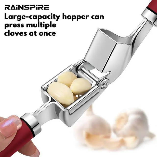 Alt view image 4 of 7 - Rainspire Premium Garlic Press Stainless Steel, Garlic Mincer Tool, Garlic Crusher Tool, Garlic Smasher Garlic Masher Includes Silicone Garlic Peeler & Cleaning Brush, Dishwasher Safe (Red)