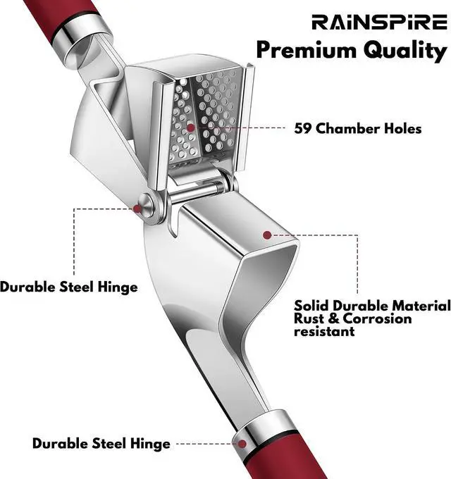 Alt view image 6 of 7 - Rainspire Premium Garlic Press Stainless Steel, Garlic Mincer Tool, Garlic Crusher Tool, Garlic Smasher Garlic Masher Includes Silicone Garlic Peeler & Cleaning Brush, Dishwasher Safe (Red)
