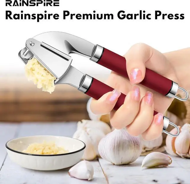 Alt view image 7 of 7 - Rainspire Premium Garlic Press Stainless Steel, Garlic Mincer Tool, Garlic Crusher Tool, Garlic Smasher Garlic Masher Includes Silicone Garlic Peeler & Cleaning Brush, Dishwasher Safe (Red)
