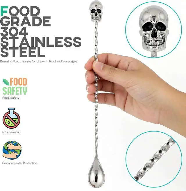 Alt view image 5 of 7 - Homestia 12'' Bar Spoon, Cocktail Mixing Spoon for Bartending, Skull Decor | 304 Stainless Steel Cocktail Spoon for Stirring, Long Spiral Handle Spoon Stirrers for Drink, Halloween Party, Home Bar Use