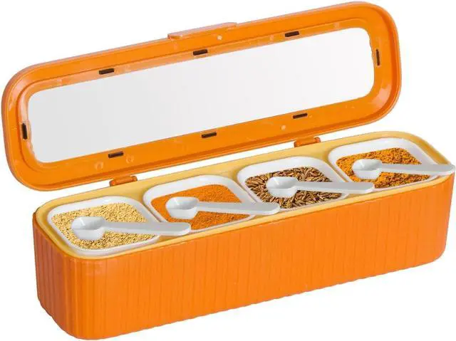Main image of Clear Seasoning Box, 4 Packs Seasoning Rack Spice Pots, Condiment Jars Seasoning Box with Clear Covers and Spoons for Spice, Sugar, Salt, Pepper, Garlic Powder (Orange)