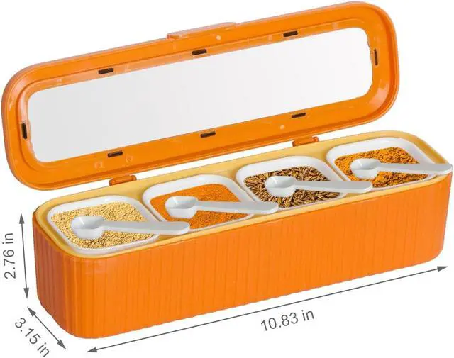 Alt view image 2 of 7 - Clear Seasoning Box, 4 Packs Seasoning Rack Spice Pots, Condiment Jars Seasoning Box with Clear Covers and Spoons for Spice, Sugar, Salt, Pepper, Garlic Powder (Orange)