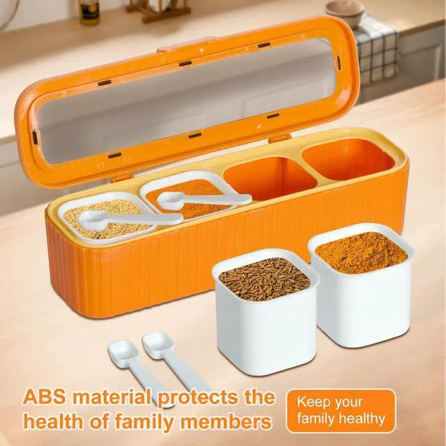 Alt view image 3 of 7 - Clear Seasoning Box, 4 Packs Seasoning Rack Spice Pots, Condiment Jars Seasoning Box with Clear Covers and Spoons for Spice, Sugar, Salt, Pepper, Garlic Powder (Orange)