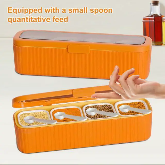 Alt view image 4 of 7 - Clear Seasoning Box, 4 Packs Seasoning Rack Spice Pots, Condiment Jars Seasoning Box with Clear Covers and Spoons for Spice, Sugar, Salt, Pepper, Garlic Powder (Orange)